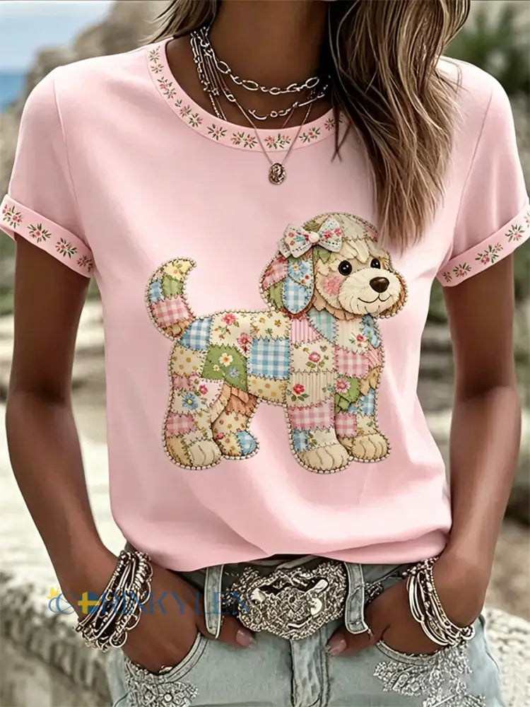 Kvinnors blomsterhund Print Casual Tee