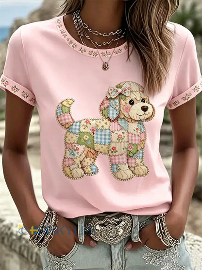 Kvinnors blomsterhund Print Casual Tee