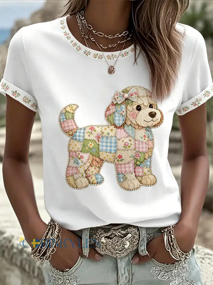 Kvinnors blomsterhund Print Casual Tee