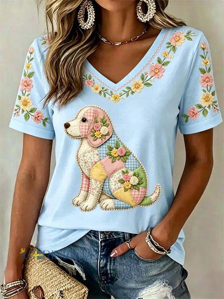 Kvinnors blomsterhund Print Casual V-Hack Tee - ljusblå / S