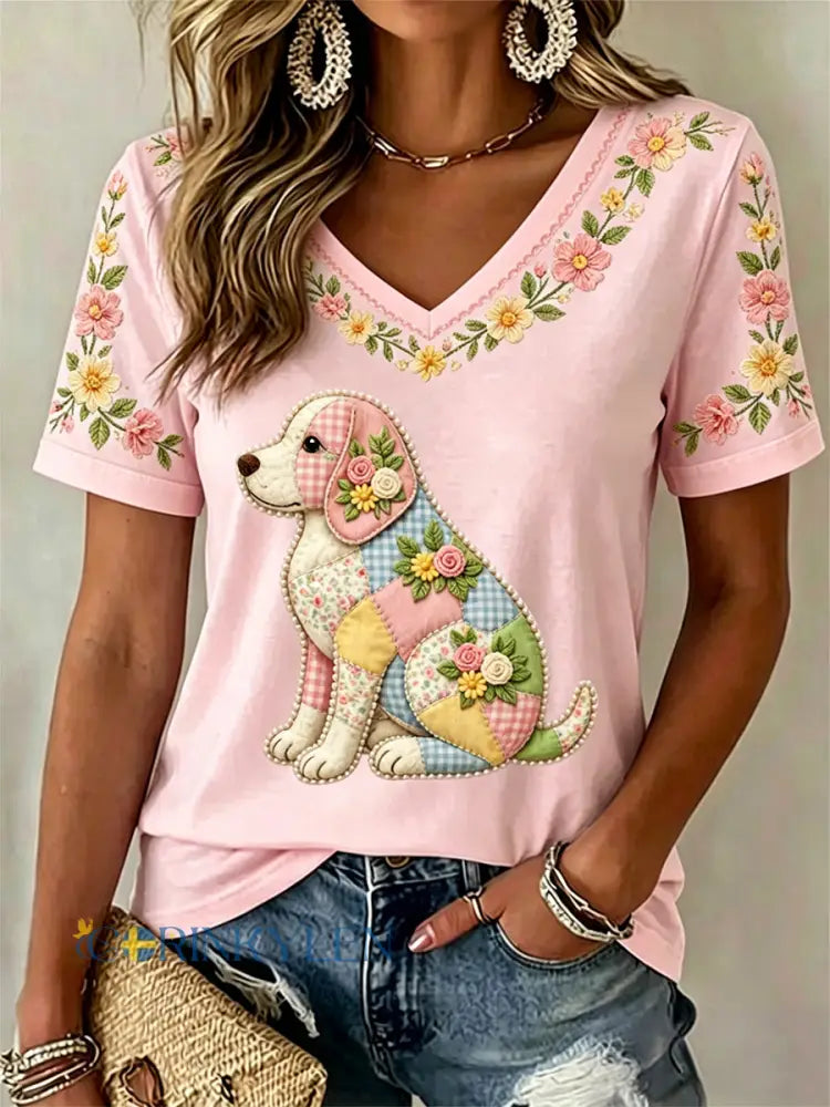 Kvinnors blomsterhund Print Casual V-Hack Tee - runt / S