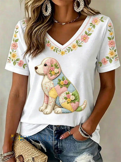 Kvinnors blomsterhund Print Casual V-Hack Tee - vitt / S