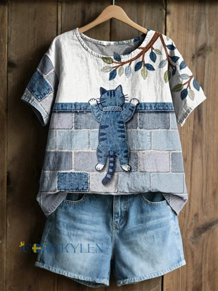 Kvinnors blomsterkatt Print Casual Tee - vitt / S
