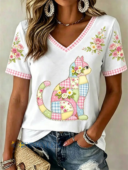 Kvinnors blomsterkatt Print Casual V-Hack Tee - vitt / S