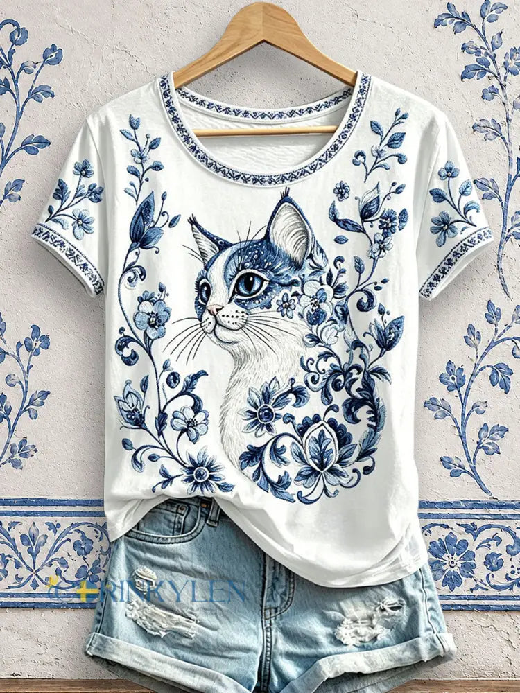 Kvinnors blomsterkatt Skriv ut T-shirts - som bild / S