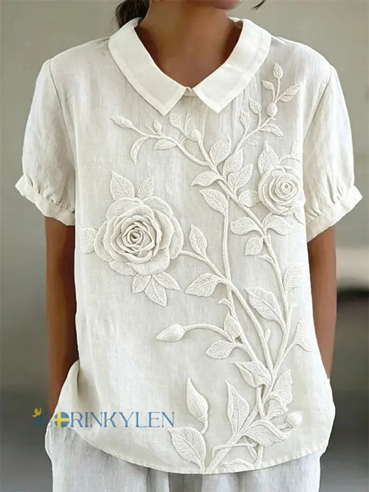 Kvinnors blomsterkonst Skriv ut Casual T-shirt - vitt / S