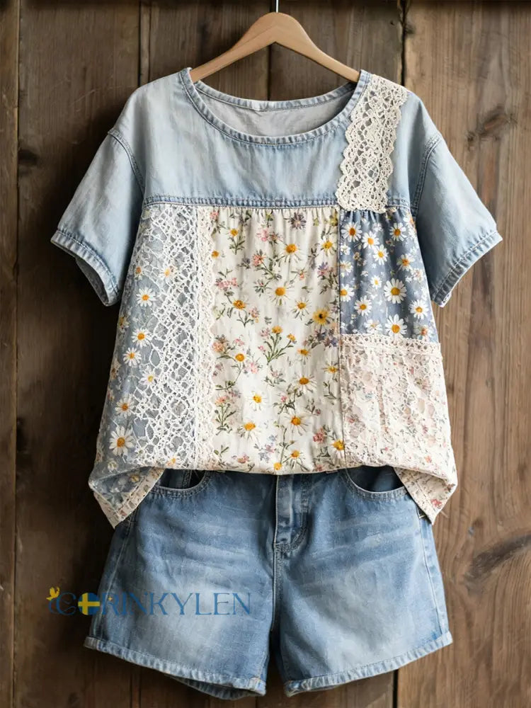 Kvinnors Daisy Print Casual T-shirt - som bild / S