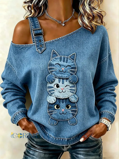 Kvinnors djur katt tryckt en axel Casual Sweatshirt - djupblå färg / S