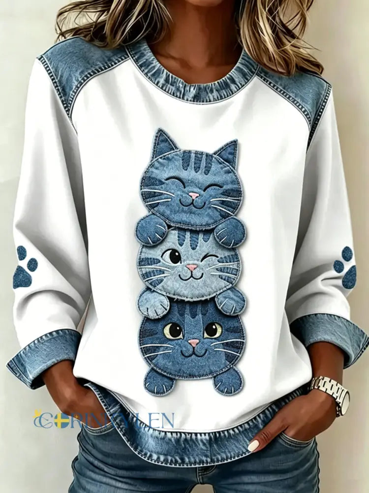 Kvinnors djur katt tryckt krage lång ärm Sweatshirt - vitt / S