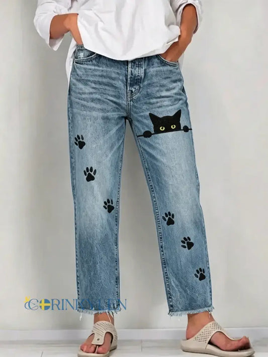 Kvinnors djur konst Print Jeans - blå / S
