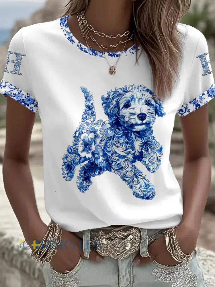 Kvinnors djurhund Retro Unisex Casual Short-Shirt - vitt / S