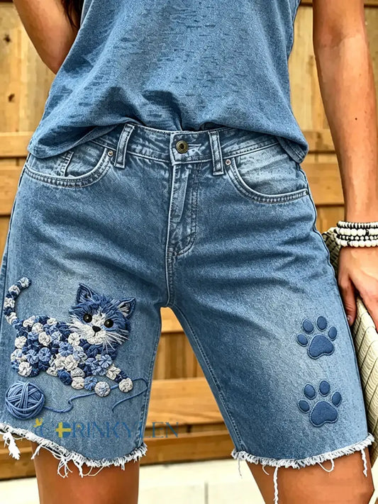 Kvinnors djurkatt konsttryckt Short Jeans - blå / S
