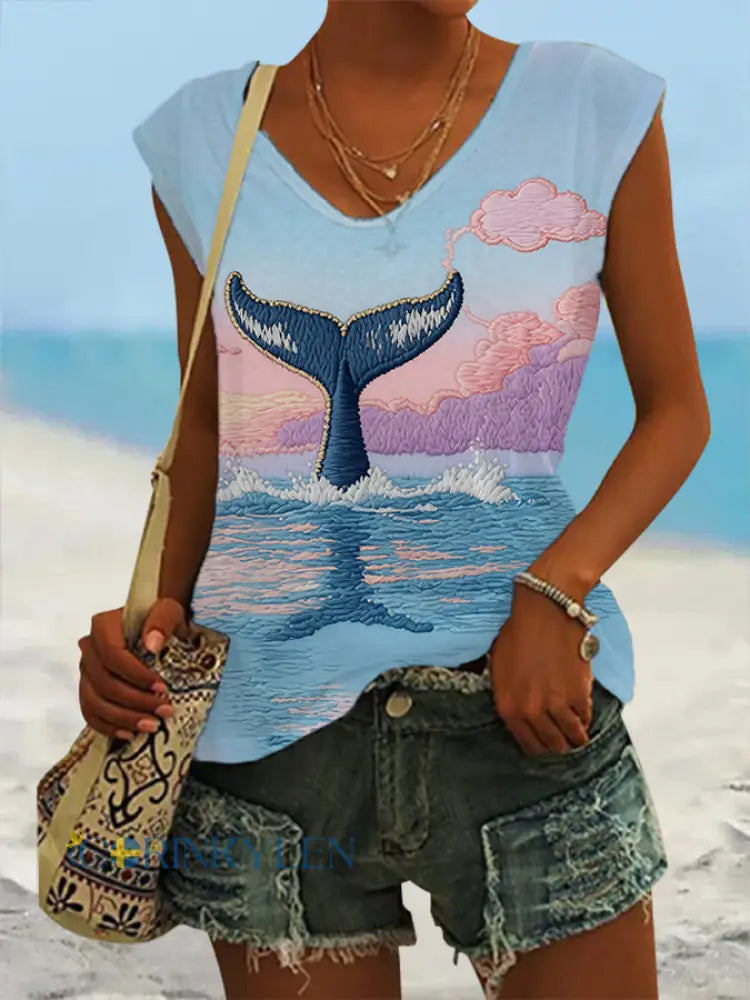 Kvinnors Dreamy Val svans Sunset Seascape ärmlös T-shirt - som bild / S