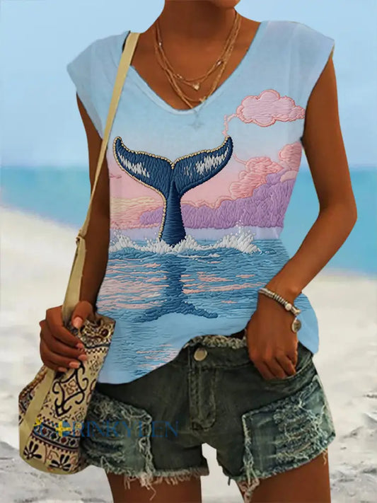 Kvinnors Dreamy Val svans Sunset Seascape ärmlös T-shirt - som bild / S
