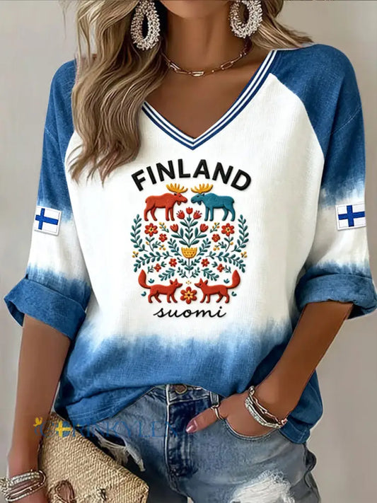 Kvinnors finländska midsommar ren Gradient Skriv ut Casual V-hals T-shirt - flerlog / S