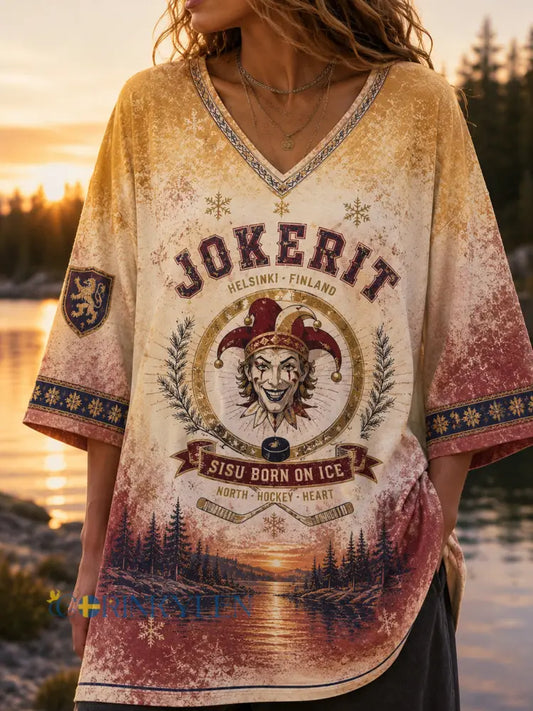 Kvinnors Finland Ishockey Jokerit V-Hack Mellanärm T-shirt - A / S