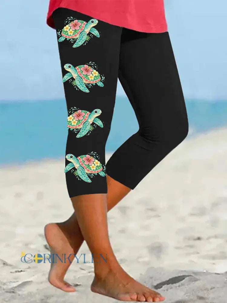 Kvinnors Floral Sea Turtle Print Casual Cropped Leggings