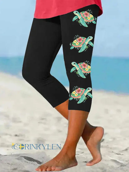 Kvinnors Floral Sea Turtle Print Casual Cropped Leggings - svart / S