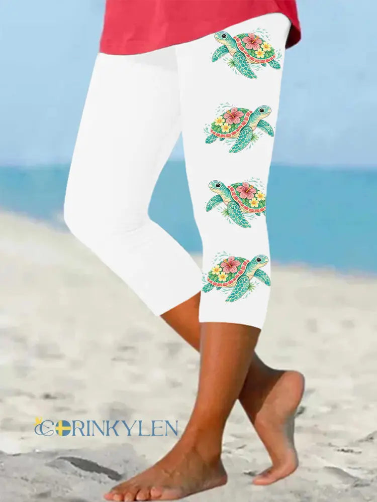 Kvinnors Floral Sea Turtle Print Casual Cropped Leggings - vitt / S