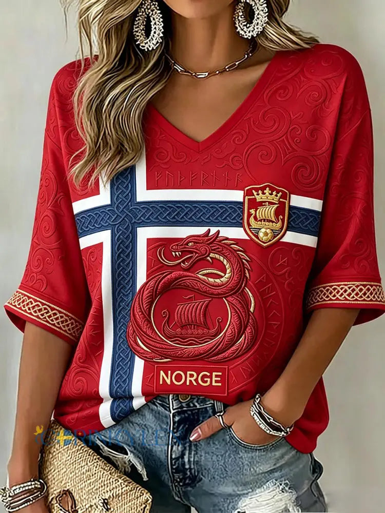Kvinnors fotboll Inspirerad keltisk drake Print Mid-längd ärmar V-hals T-shirt - röd / S