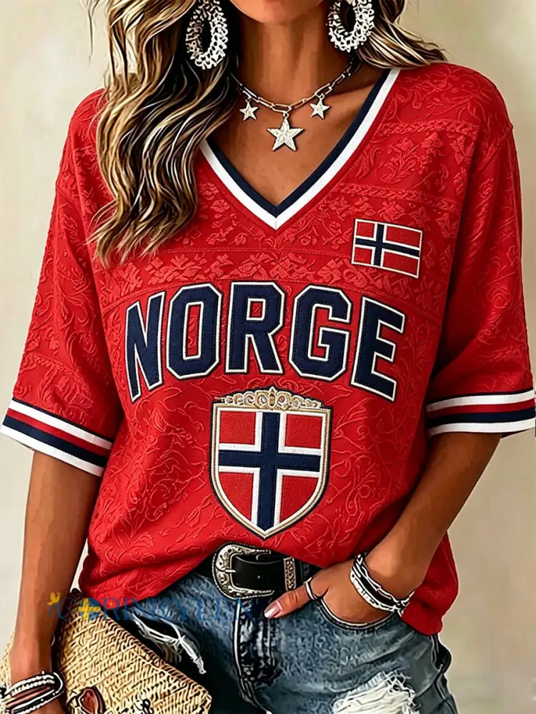 Kvinnors fotboll Inspirerad Print Mid-längd ärmar V-hals T-shirt - röd / S