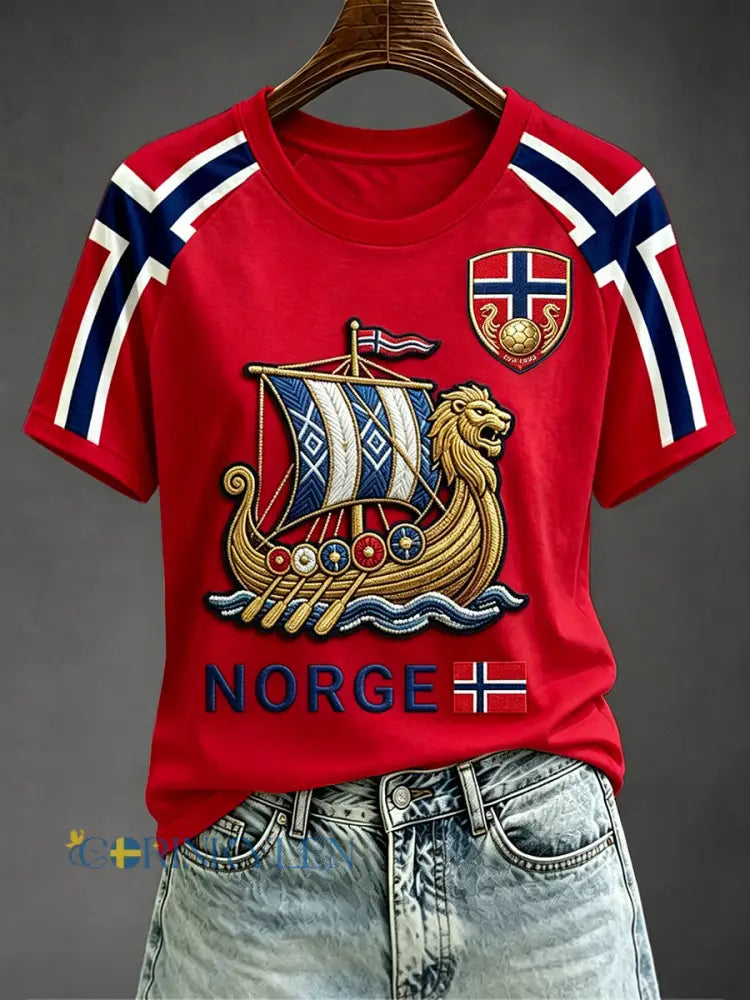 Kvinnors fotboll Inspirerad Viking Longship Print Round Hals Kort ärm T-shirt - röd / S