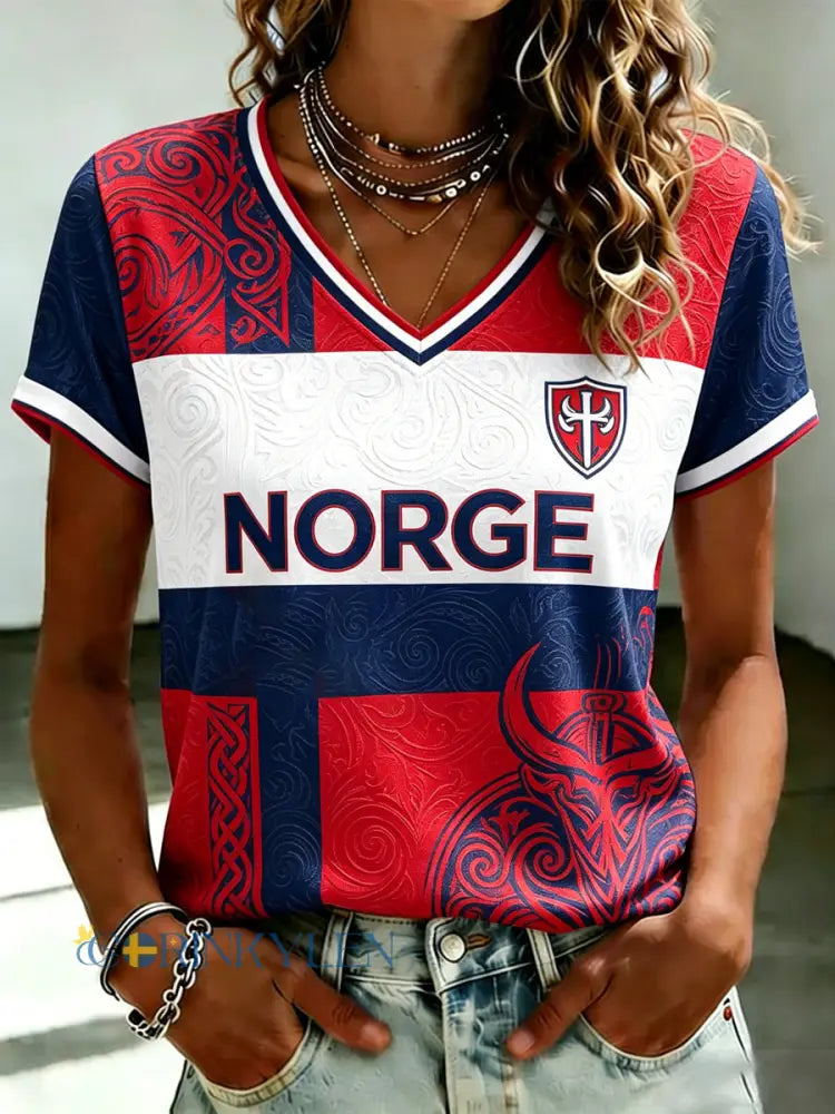 Kvinnors fotboll Tryckt V-hals T-shirt - som bild / S