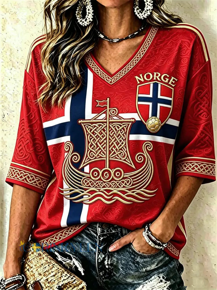 Kvinnors fotboll Viking Ship Celtic Knop Flag Färgblock Skriv ut mitt längd ärmar V-hals T-shirt - röd / S