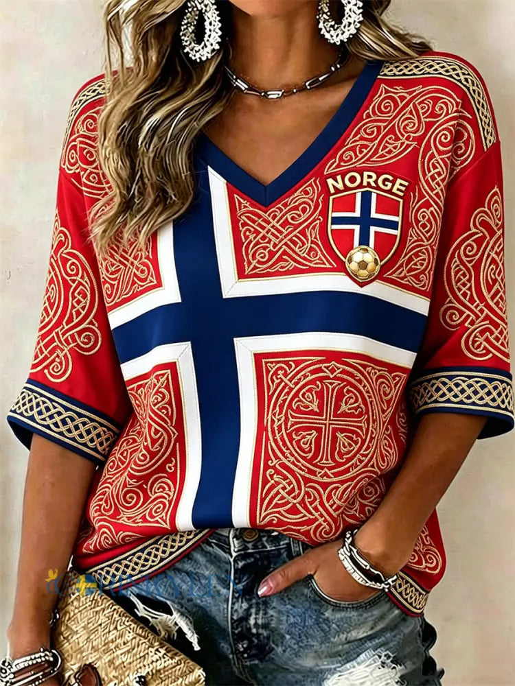 Kvinnors fotboll Viking Totem Celtic Knop Flag Färgblock Skriv ut mitt längd ärmar V-hals T-shirt - röd / S