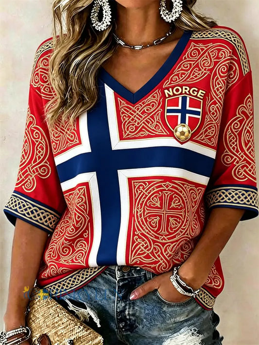 Kvinnors fotboll Viking Totem Celtic Knop Flag Färgblock Skriv ut mitt längd ärmar V-hals T-shirt - röd / S