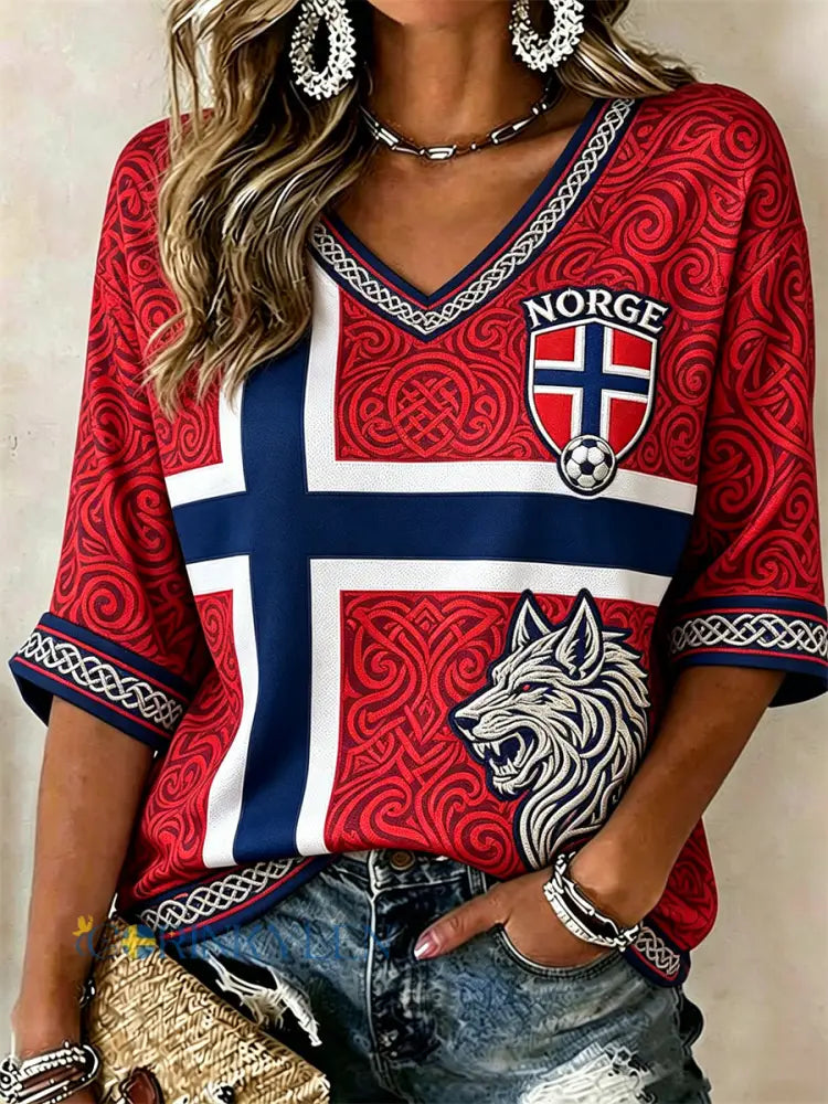 Kvinnors fotboll Viking Wolf Celtic Knop Flag Färgblock Skriv ut mitt längd ärmar V-hals T-shirt - röd / S