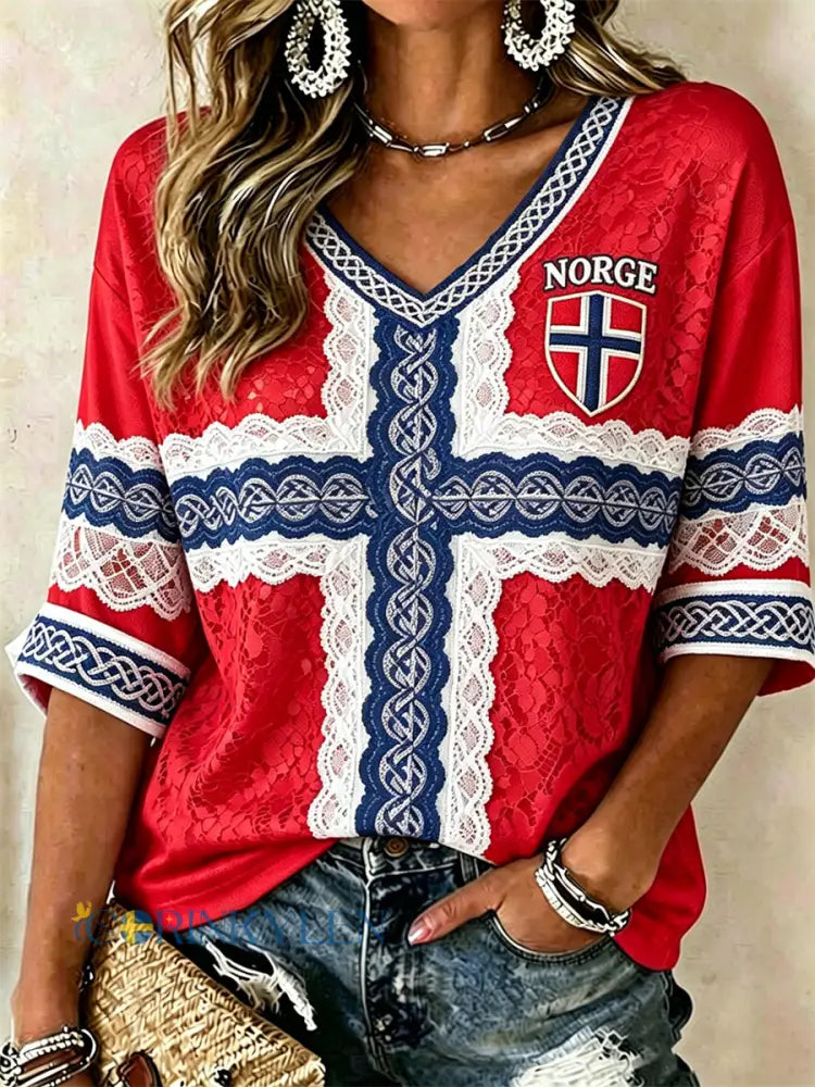 Kvinnors fotbollsflagga Inspirerad spets konst Print Mid-längd ärmar V-hals T-shirt - röd / S