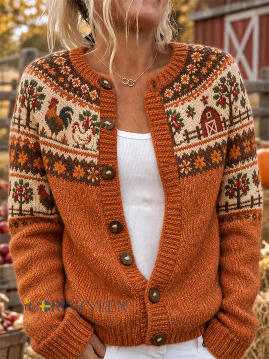 Kvinnors gård Animal Mönster Design Orsak Cardigan-stil sticka jacka - oräng / S