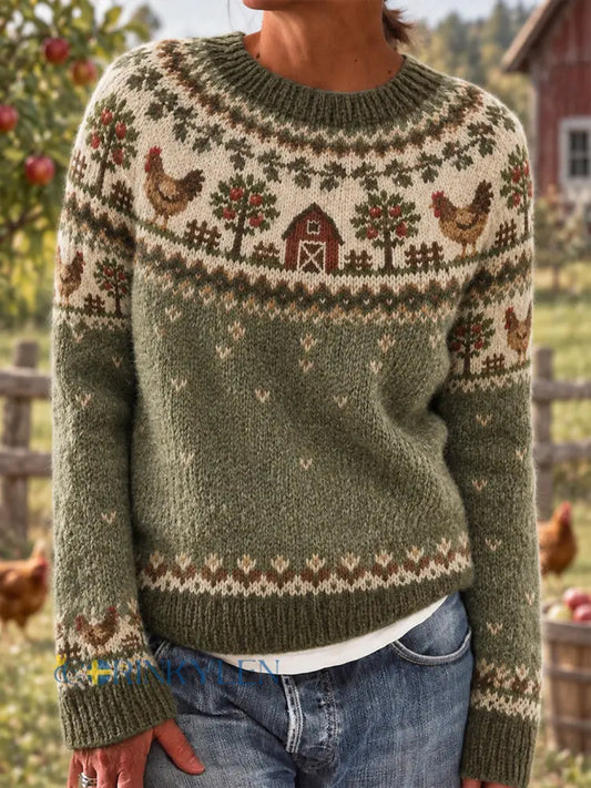 Kvinnors gård Animal Mönster Design orsakar långärmad tröjar - grönt / S