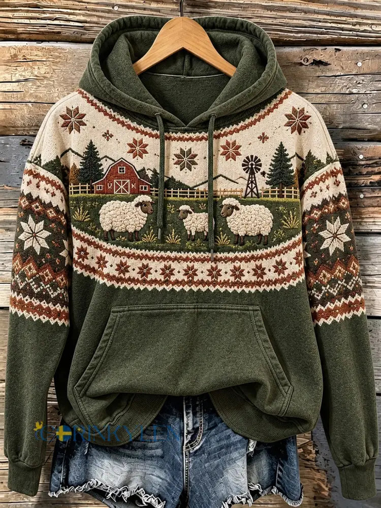Kvinnors gård Får mönster tryckt casual Hoodie - olivgrön / S
