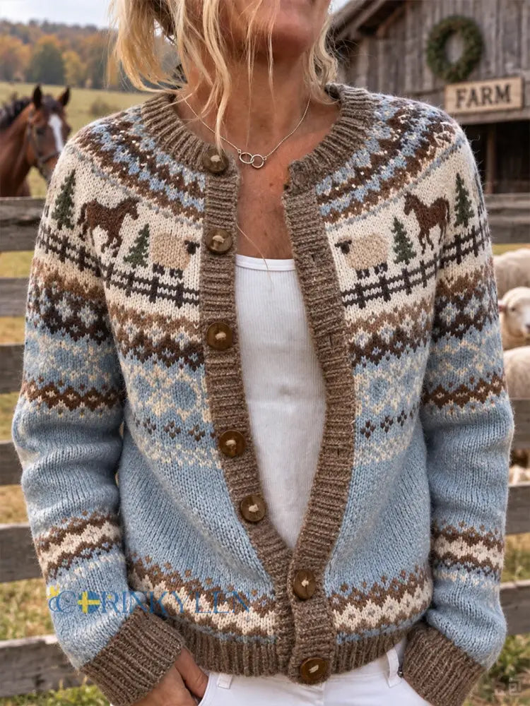 Kvinnors gård häst mönster Design Cardigan-Style jacka - ljusblåa / S
