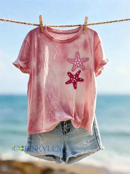 Kvinnors Glitter Starfish Konst Skriv ut Tie Färgfärgad t-shirt - runk / S