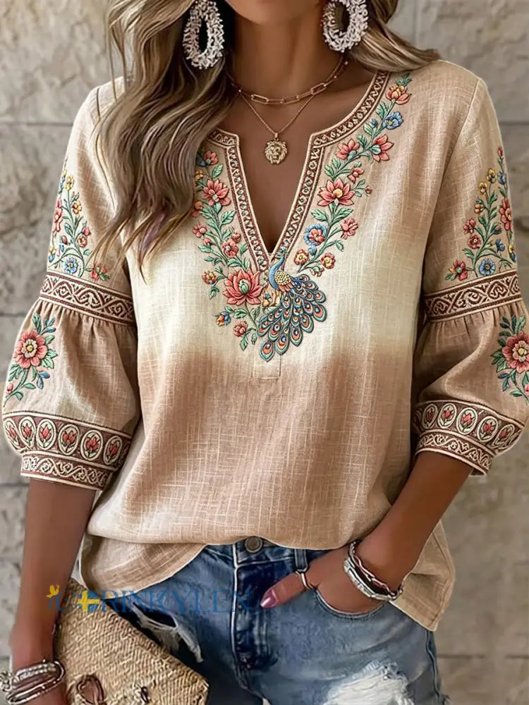 Kvinnors gradient Traditionella blommor och fågel Skriv ut Casual V-hals bomull-Linen T-shirt - Khaki / S