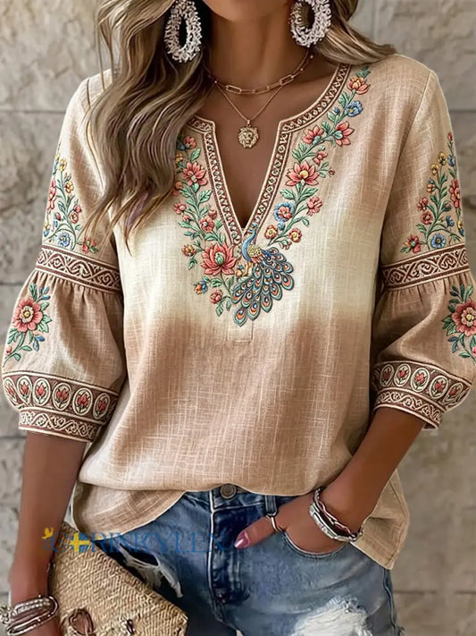 Kvinnors gradient Traditionella blommor och fågel Skriv ut Casual V-hals bomull-Linen T-shirt - Khaki / S