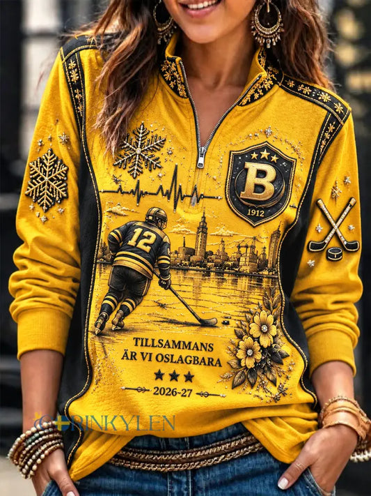 Kvinnors gul Brynäs IF Svensk ishockey Tryckt Zip-Up Hoodie IF - gul / S
