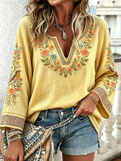 Kvinnors gula blomster och fågel Broderade Print Casual V-hals T-shirt - gul / S