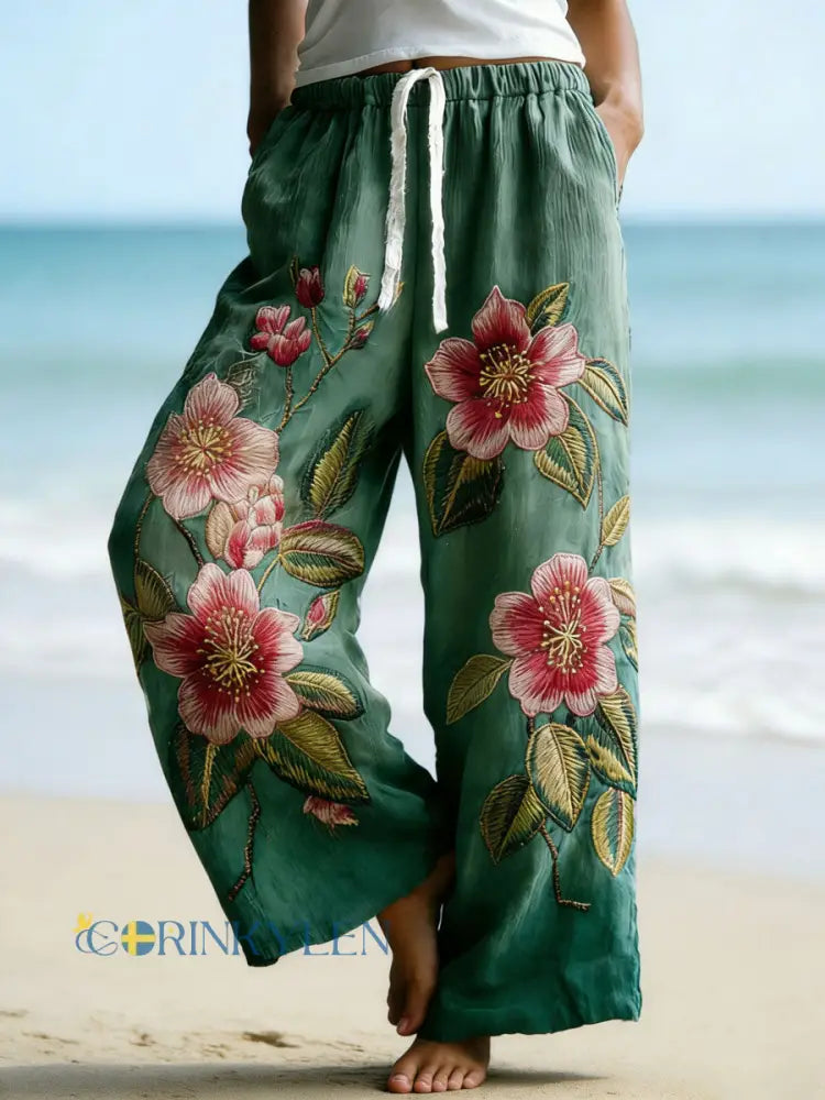 Kvinnors Hibiscus Skriv ut Casual byxor - grönt / S