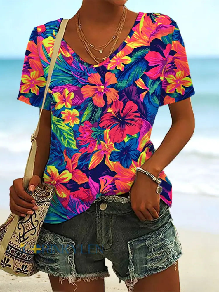 Kvinnors Hibiscus Skriv ut Casual T-shirt - som bild / S