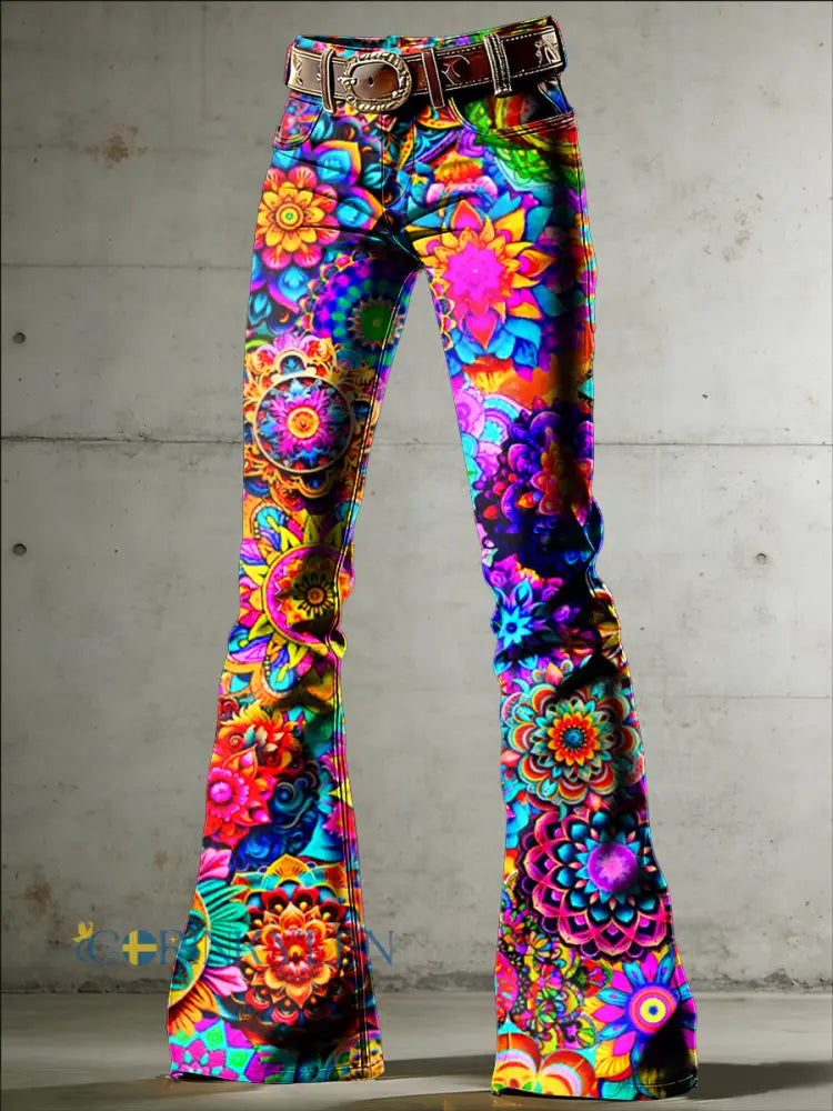 Kvinnors hippie konst Print Fladerade byxor - flerlog / S