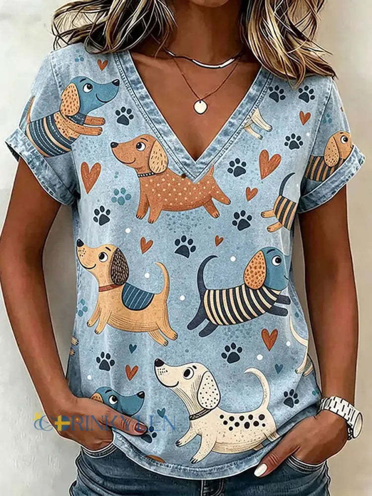 Kvinnors hund konst Print Casual T-shirt - blå / S