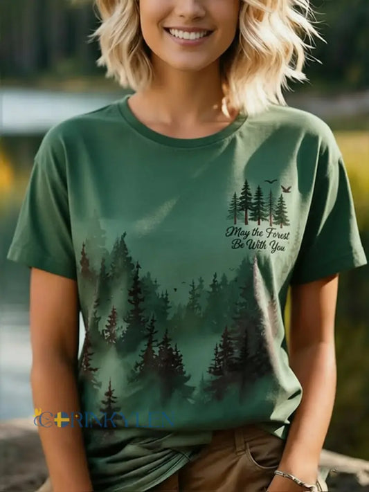 Kvinnors kan skogen vara med du tryckt Casual T-shirt - grön / S