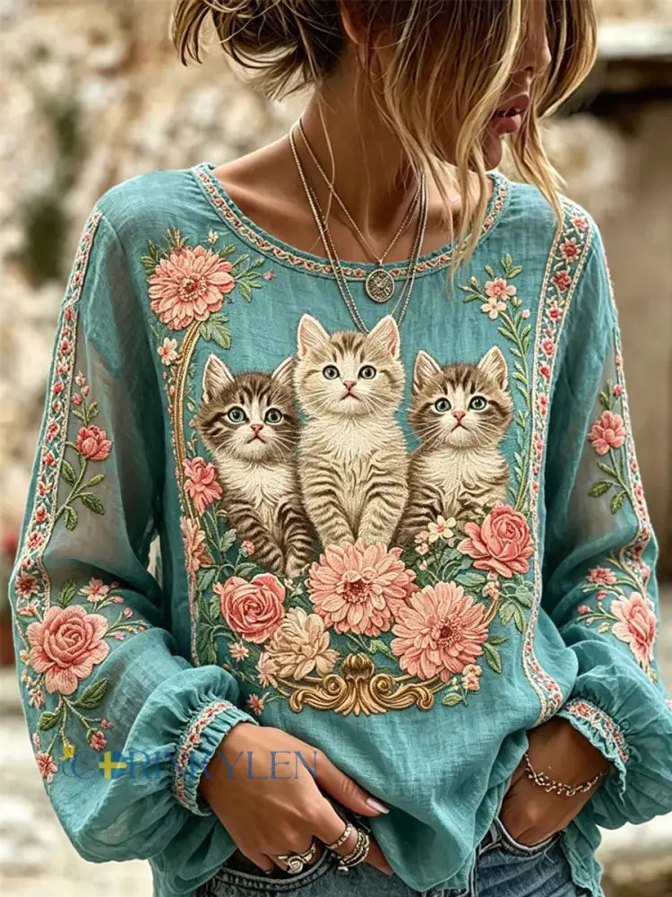 Kvinnors katt broderad tryck skjjorta - som bild / S