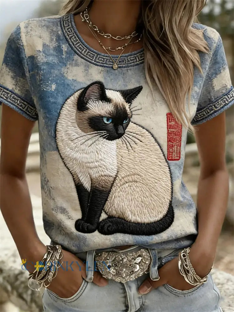 Kvinnors katt Casual Short-Sleeve T-shirts - som bild / S