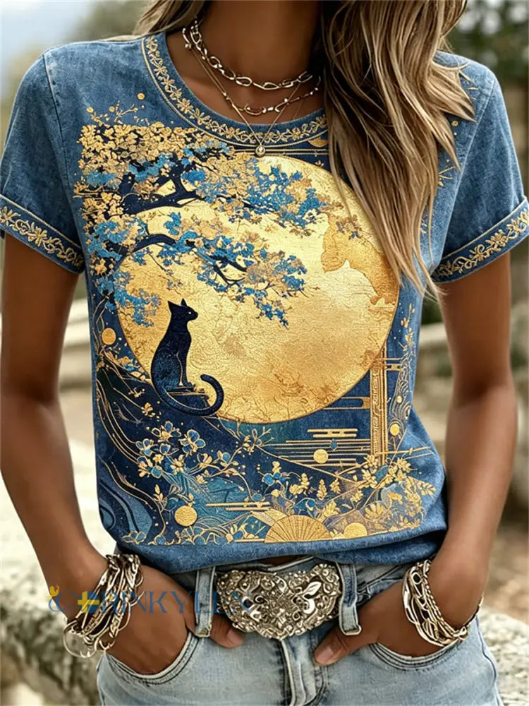Kvinnors katt & guld Full Moon Japansk blomsterkonst Skriv ut T-shirts - blå / S