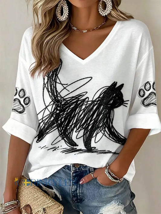 Kvinnors katt konst Print V-Hack T-shirts - vitt / S